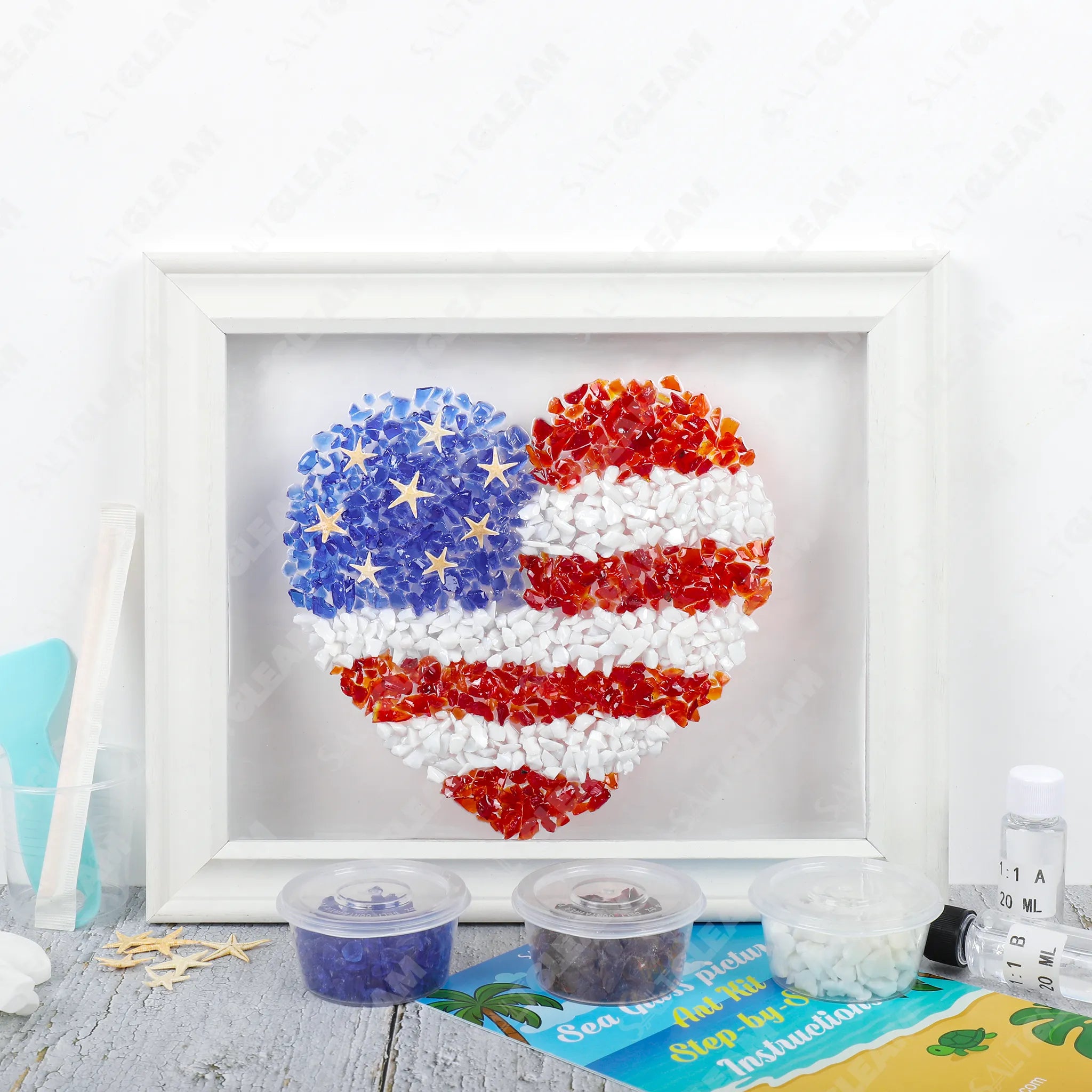 American Flag Heart Sea Glass Art Kit with red, white and blue glass pieces