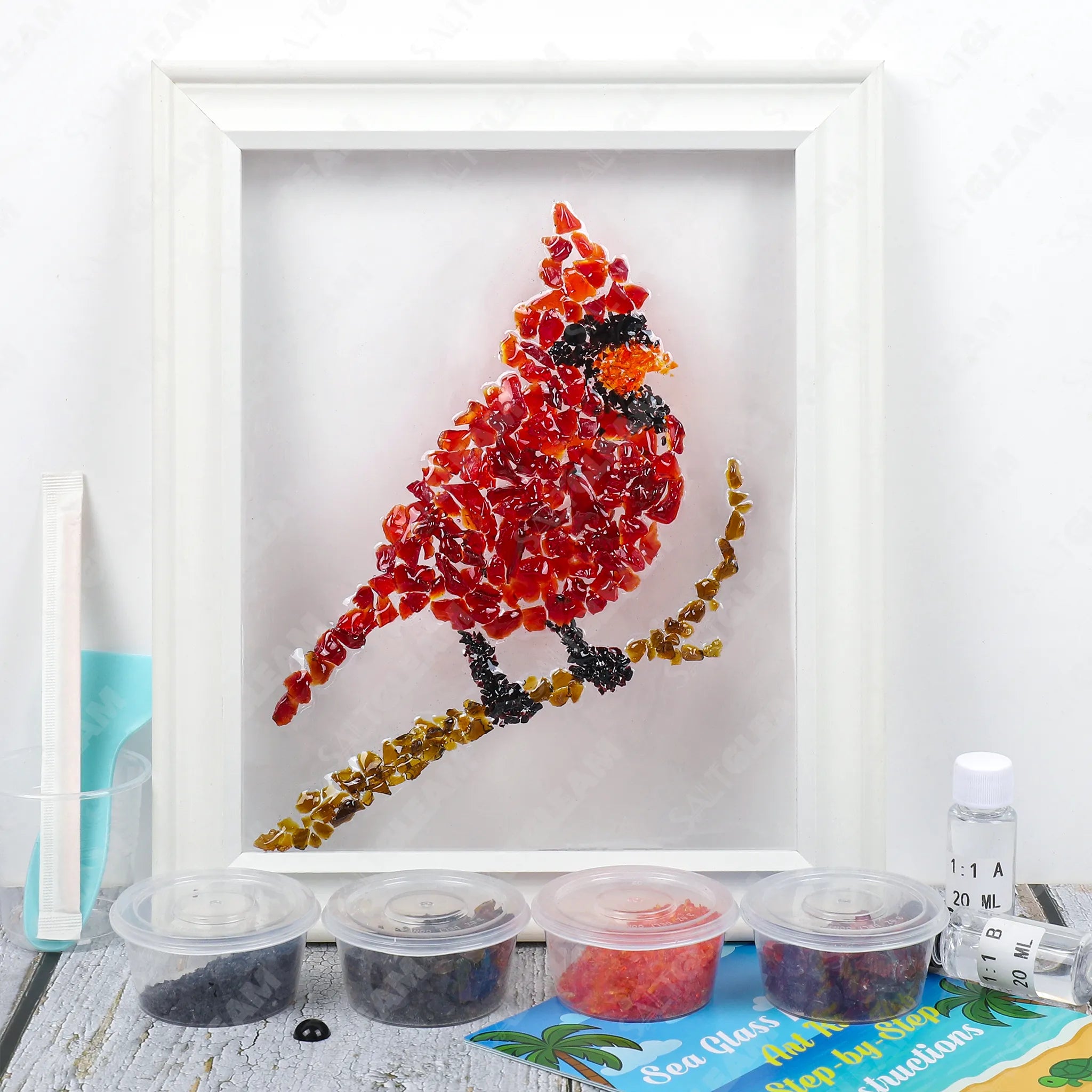 Cardinal Sea Glass Art Kit with red cardinal bird artwork and craft materials
