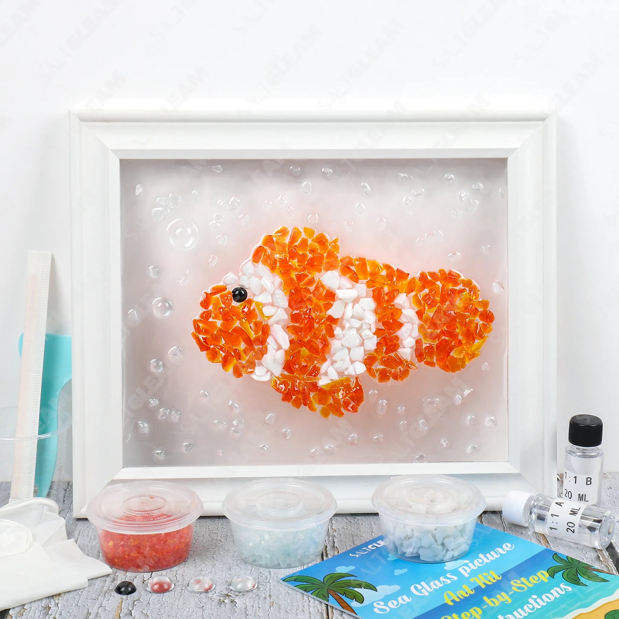 Clownfish Sea Glass Art Kit with orange and white fish artwork and craft materials