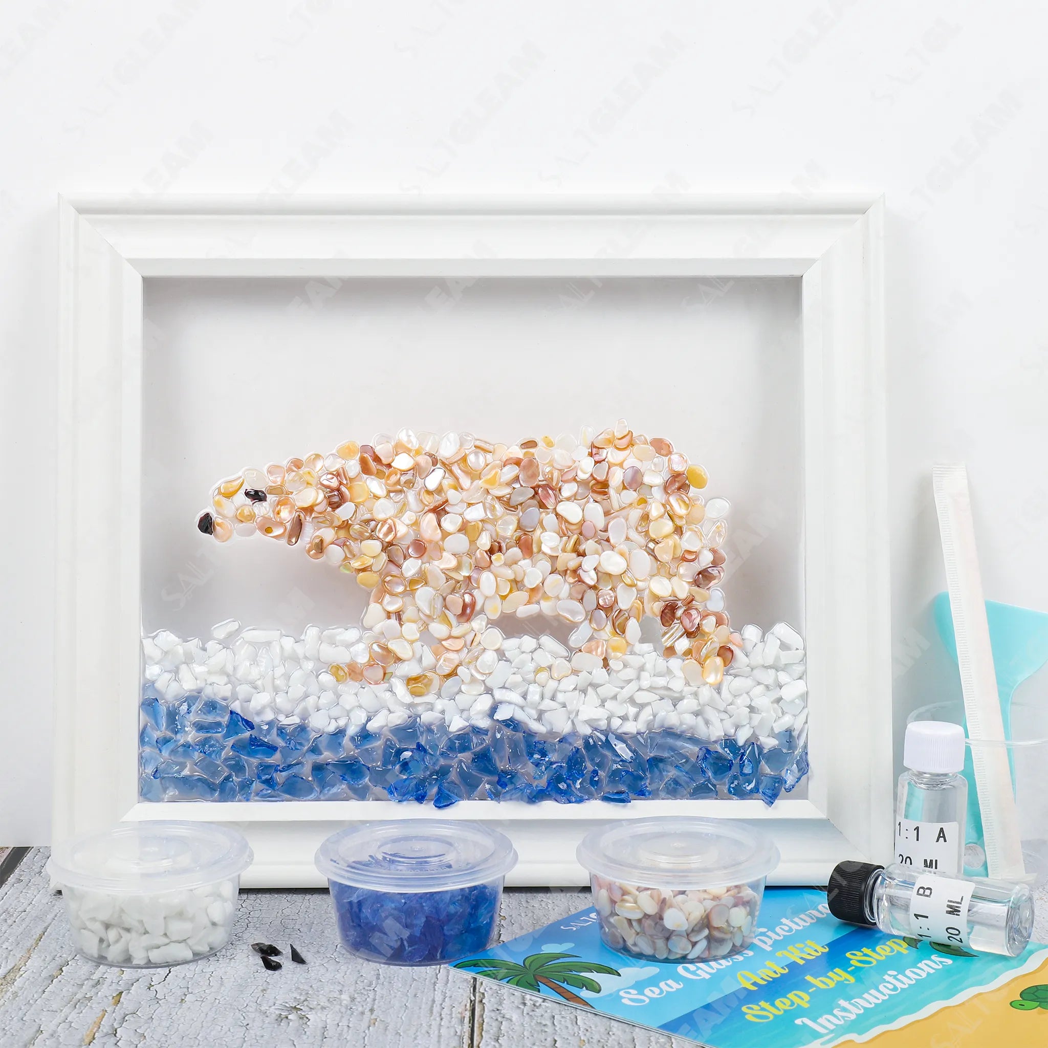 Polar Bear Sea Glass Art Kit with frame, sea glass pieces and craft materials